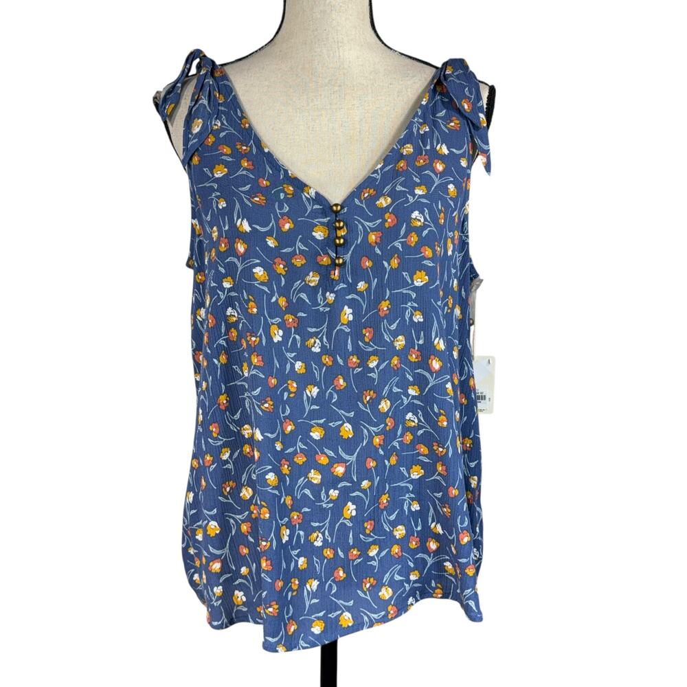 A.N.A. Medium Top Floral V-Neck Sleeveless Gauzy Lightweight Ties Pullover Multi